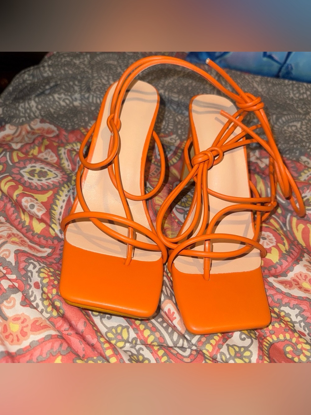SHEIN Orange Strappy Square-Toe Lace-Up Heels